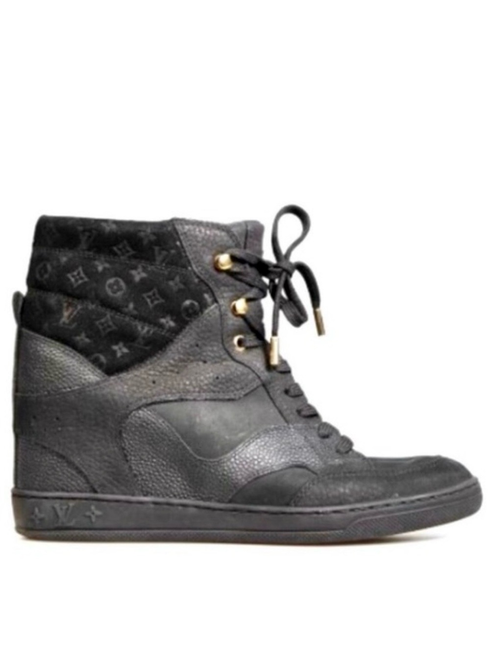 Louis Vuitton Black Leather/Suede Cliff Top Wedge Sneakers | 37